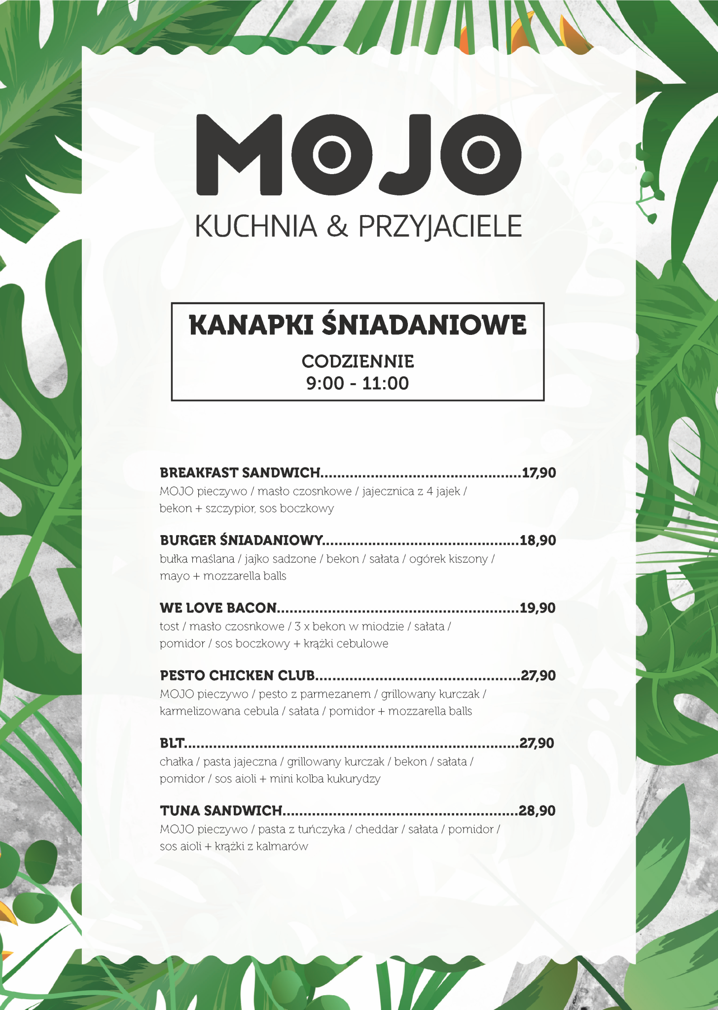 Menu śniadaniowe restauracji Mojo październik 2024, najlepsze kanapki w lublinie.