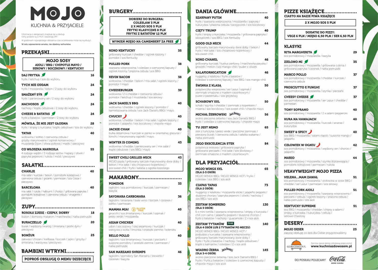 Menu restauracji Mojo w lublinie, listopad 2024 - pizza, dania główne, burgery, przekąski, zestawy dla przyjaciół, zupy, sałatki i desery.